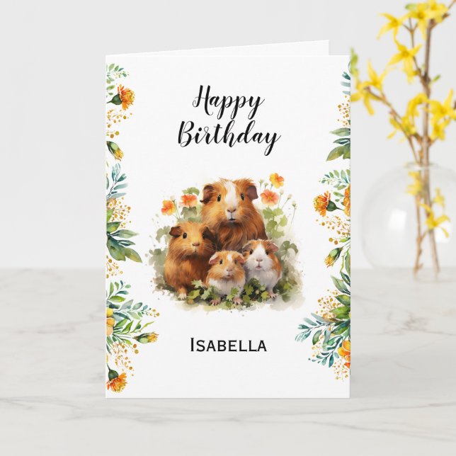 Guinea Pigs Marigold Flowers Personalised Birthday Card (Yellow Flower)