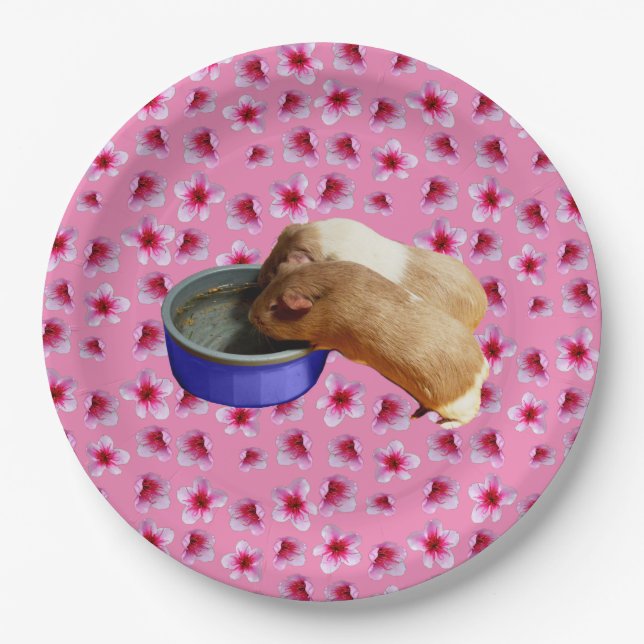Guinea Pigs On Pink Blossoms,   Paper Plate (Front)
