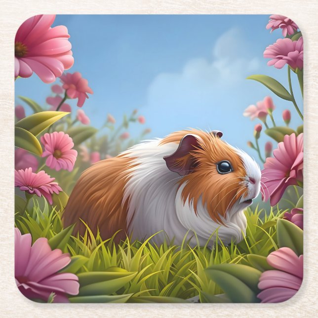 Guinea Pig's Pink Flower Paradise Square Paper Coaster (Front)