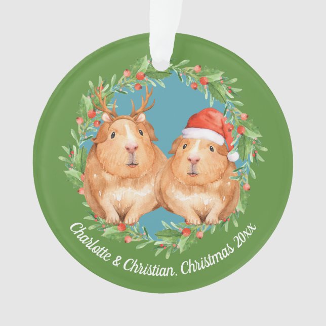 Guinea Pigs Santa and Reindeer Wreath Christmas Ornament (Front)