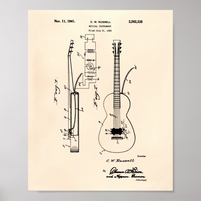 Guitar 1941 Patent Art Old Peper Poster (Front)