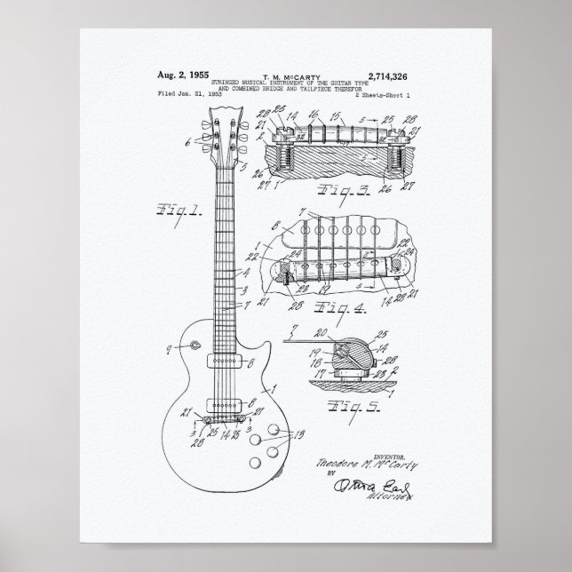 Guitar 1955 Patent Art - White Paper Poster (Front)