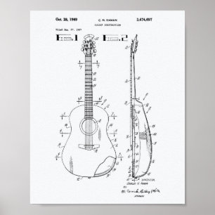 Guitar 1969 Patent Art White Paper Poster
