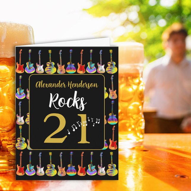 Guitar 21st Birthday Black and Gold Card (Guitar 21st birthday personalized black and gold greeting card for him)