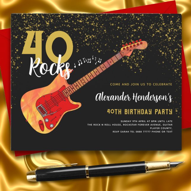 Guitar 40th Birthday Party Gold Glitter Budget (Electric Guitar 40th birthday party black and gold glitter 40 rocks budget invitation)