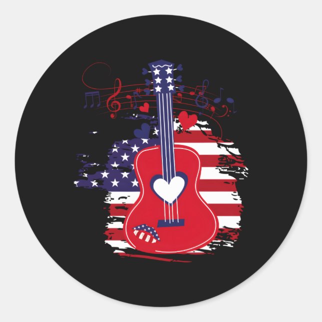 Guitar 4Th Of July American Flag Usa Country Music Classic Round Sticker (Front)