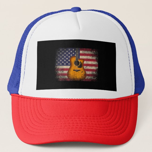Guitar 4th of July Gift American Flag USA - Countr Trucker Hat (Front)