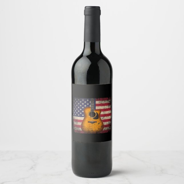 Guitar 4th of July Gift American Flag USA - Countr Wine Label (Front)