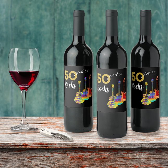 Guitar 50 Rocks 50th birthday party Wine Label (Rock and roll 50th birthday party wine labels funky guitars gold and black for him)