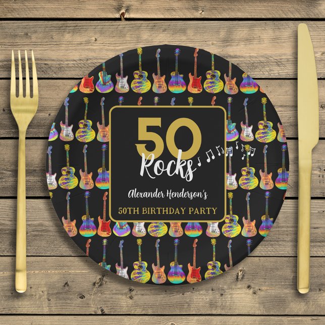 Guitar 50th Birthday Party Custom Paper Plate (Guitar 50th birthday party custom 50 rocks paper plates with modern gold and black typography )