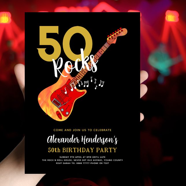 Guitar 50th Birthday Party for Him Invitation (Rock and roll 50th birthday party invitation 50 Rocks electric flame guitar with musical notes black)