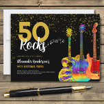Guitar 50th Birthday Party Invitation Postcard<br><div class="desc">50 Rocks gold glitter rock and roll 50th birthday party invitations with three cool colourful psychedelic watercolor guitar designs. An electric guitar, acoustic guitar and semi acoustic guitar art illustration with personalised black and gold modern cool typography. This easy to use template creates the perfect invitation to celebrate fifty in...</div>