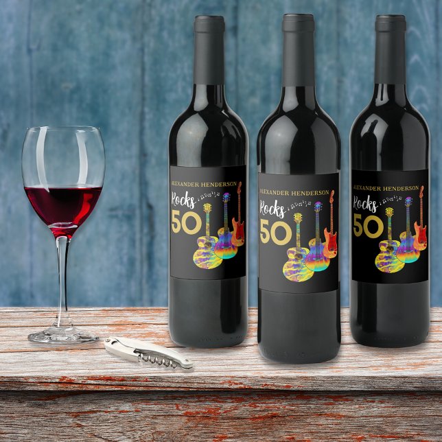 Guitar 50th Birthday Party Personalised Wine Label (Rock and roll funky guitars black and gold custom 50th birthday party wine labels)