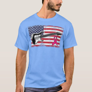 Guitar American Flag Breast Cancer Awareness Cool  T-Shirt