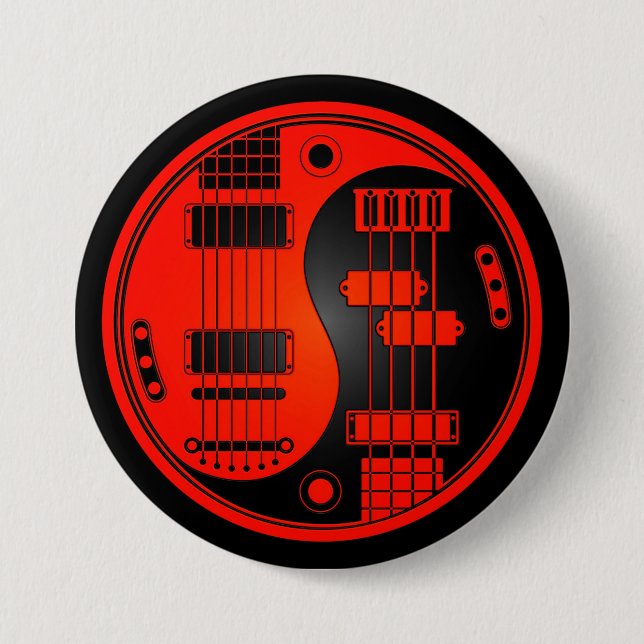 Guitar and Bass Yin Yang Red and Black 7.5 Cm Round Badge (Front)