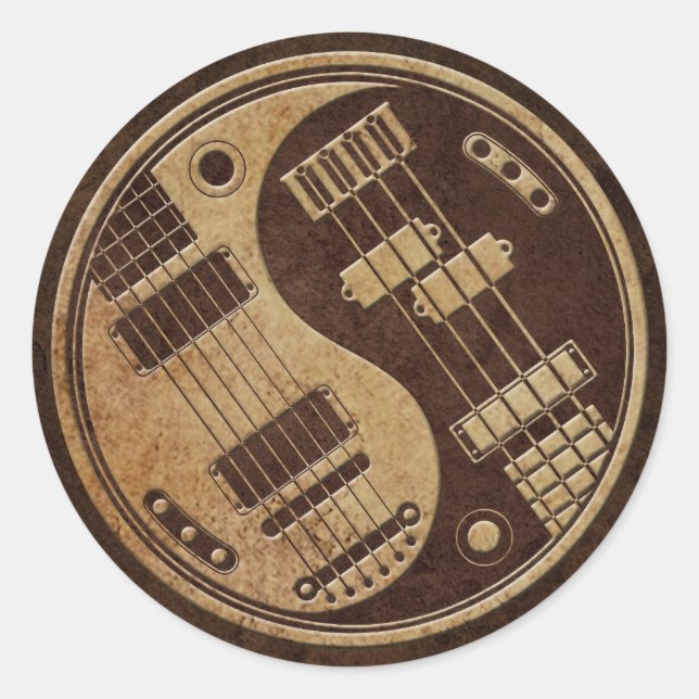Guitar and Bass Yin Yang with Brown Texture Classic Round Sticker (Front)