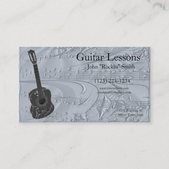 Guitar and Embossed Musical Notes Business Card (Front)