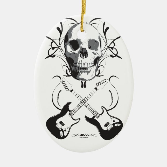 Guitar and Skull Design Ceramic Tree Decoration (Front)