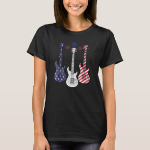 Guitar Bass Usa American Flag Fireworks Red White T-Shirt