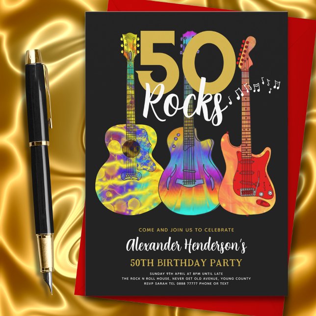 Guitar Black and Gold 50th birthday party  Invitation (50 rocks colorful guitar black and gold 50th Birthday party invitation music theme)