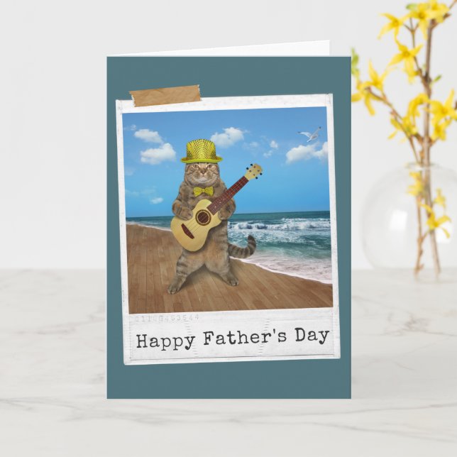 Guitar Cat Happy Father's Day Card (Yellow Flower)