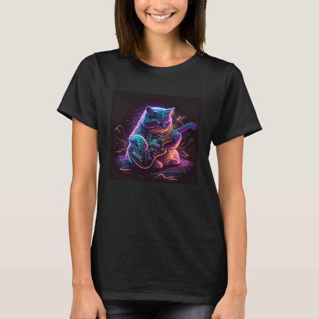 Guitar Cat Kitten playing an Electric Guitar Synth T-Shirt (Front)