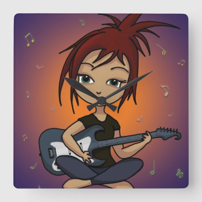 Guitar Chick Square Wall Clock (Front)