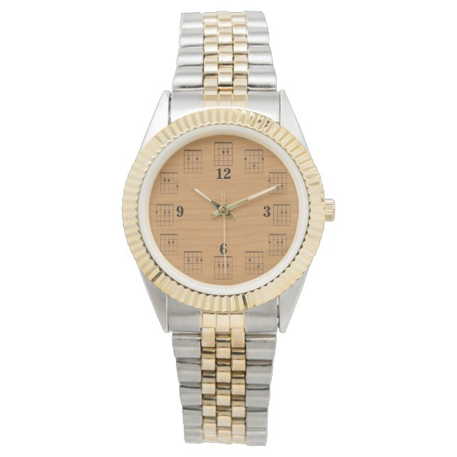 Guitar Chords Clock Face on Wood Watch (Front)