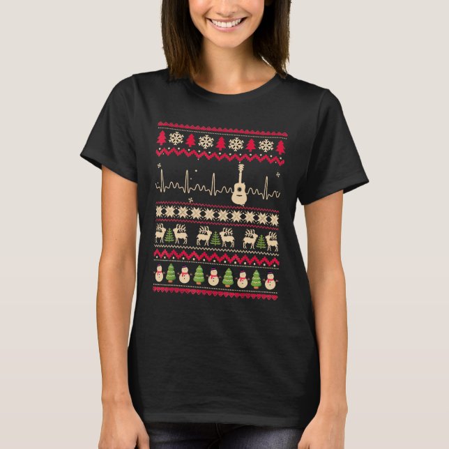 Guitar - Christmas Guitar Heartbeat Ugly Xmas Musi T-Shirt (Front)
