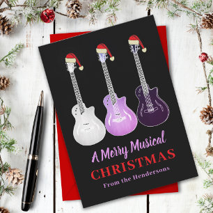 Guitar Christmas Merry Music Personalised Pink Holiday Card