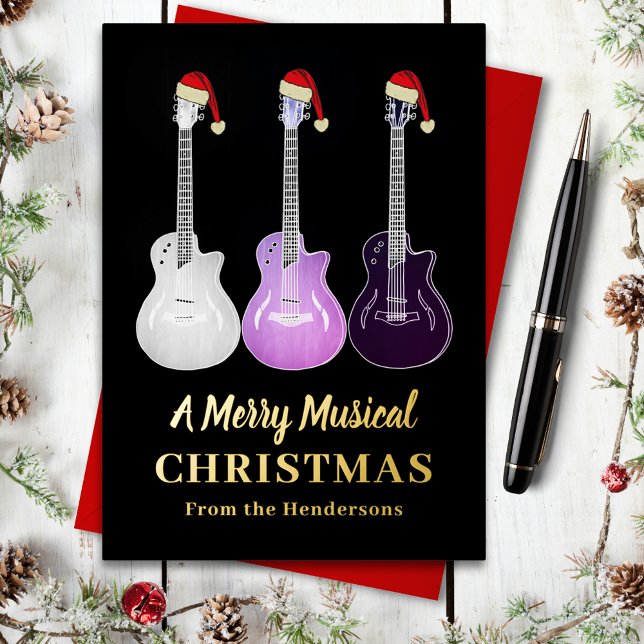 Guitar Christmas Personalised Pink Black Gold Foil Holiday Card (Pink guitars christmas gold foil custom holiday greetings card)
