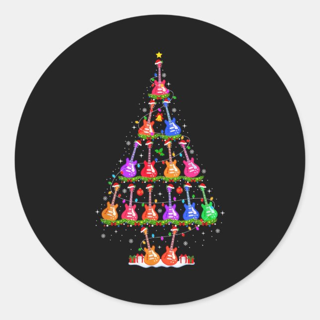 Guitar Christmas Tree Lights Funny Xmas Pajamas Gu Classic Round Sticker (Front)