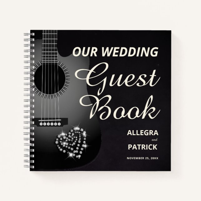 Guitar Diamond Heart Black Photo Wedding Guest Notebook (Front)