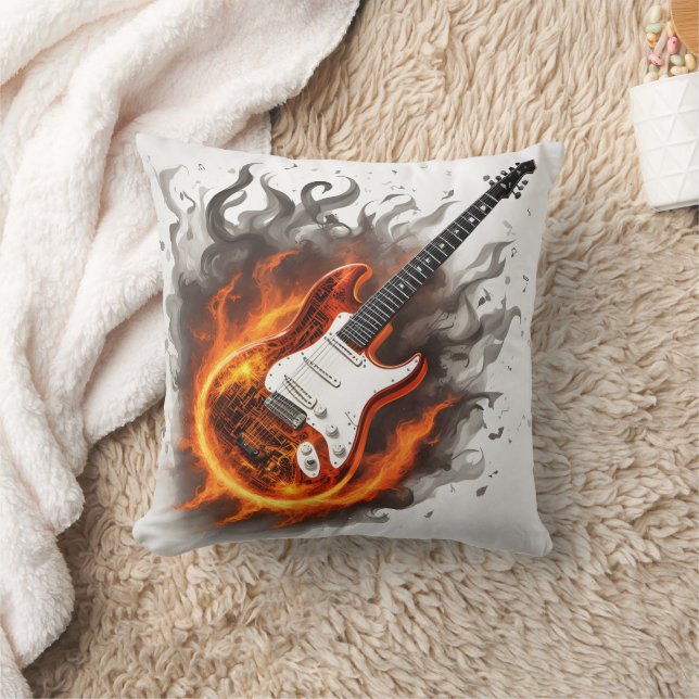 Guitar engulfed in vibrant flames and music notes cushion (Blanket)