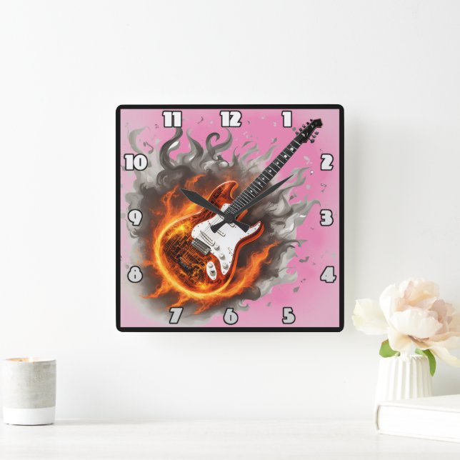 Guitar engulfed in vibrant flames and music notes square wall clock (Home)