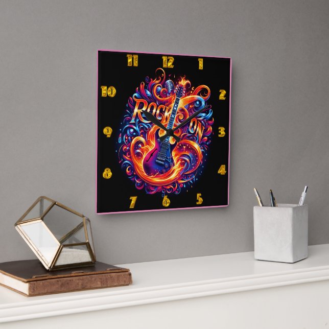 Guitar engulfed in vibrant night flames square wall clock (Office)
