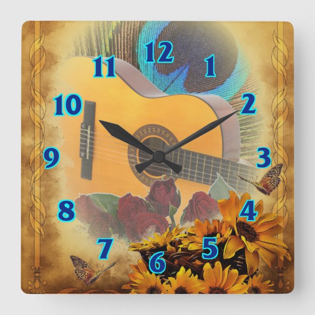Guitar Floral Square Wall Clock (Front)