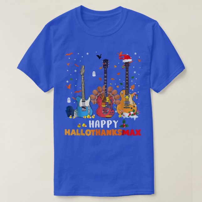 Guitar Happy Hallothanksmas Halloween Thanksgiving T-Shirt (Design Front)