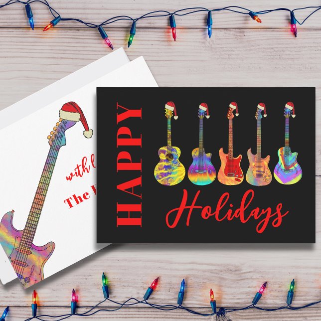 Guitar Happy Holidays Colourful  Holiday Card (Cool guitar happy holidays personalized Christmas greeting card )