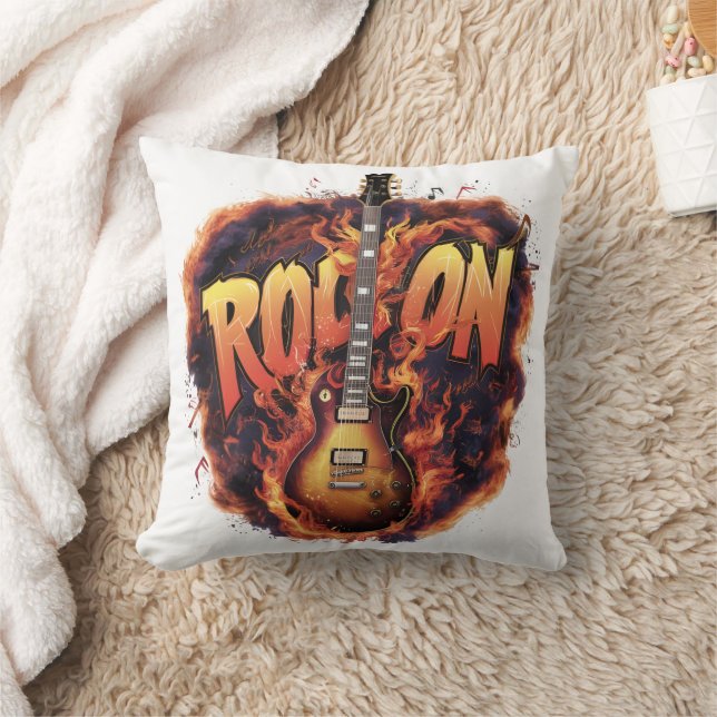 Guitar ignites passion in fiery rock celebration cushion (Blanket)