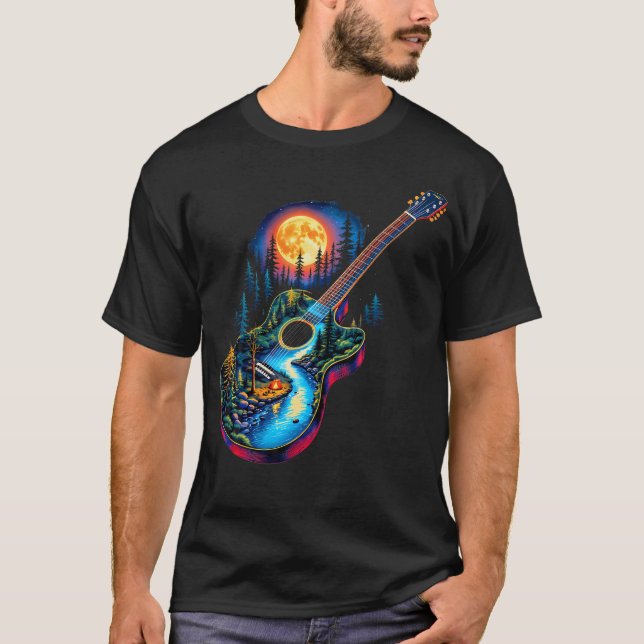 Guitar Lake Reflections Forest Pine Tree Moon Camp T-Shirt (Front)