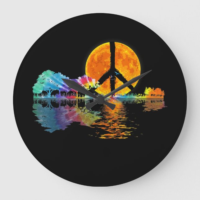 Guitar Lake Shadow Peace Love Guitar Hippie Large Clock (Front)
