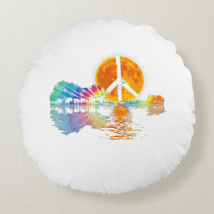 Guitar Lake Shadow Peace Love Guitar Hippie Round Cushion
