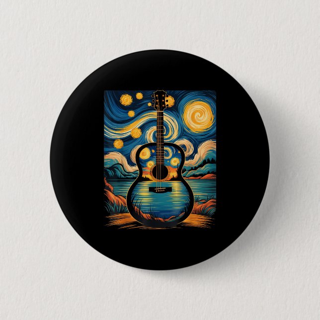 Guitar Lake Starry Night Music Guitarist Van Gogh  6 Cm Round Badge (Front)