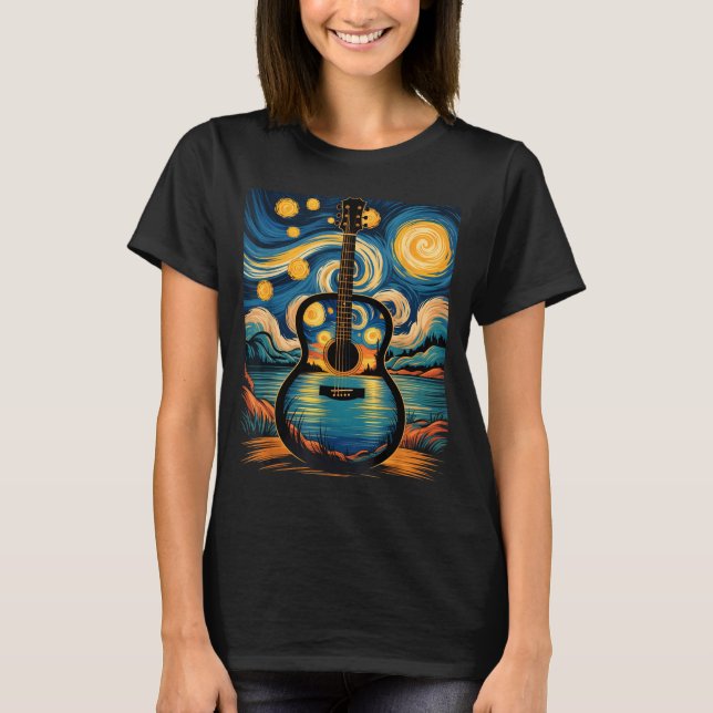 Guitar Lake Starry Night Music Guitarist Van Gogh  T-Shirt (Front)