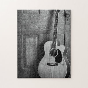 Guitar Leaning Against Door in Black and White Jigsaw Puzzle