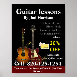 Guitar Lessons Music School Poster Sign Black