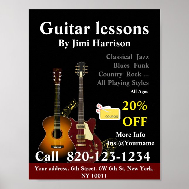 Guitar Lessons | Music School Poster Sign Black (Front)