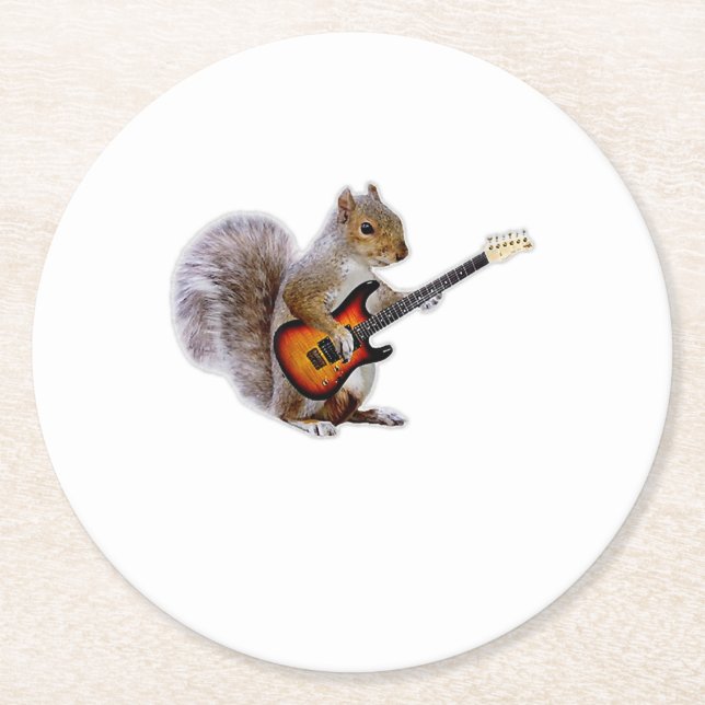 Guitar Lover | Squirrel Playing Guitar Round Paper Coaster (Front)
