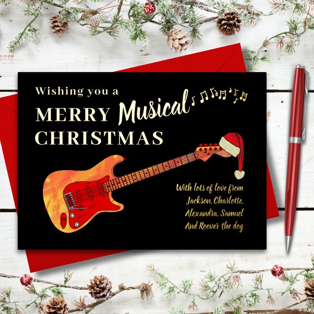 Guitar Merry Christmas black and Gold Foil Holiday Card (Christmas electric guitar wearing a Santa hat black and gold foil custom holiday greetings card)